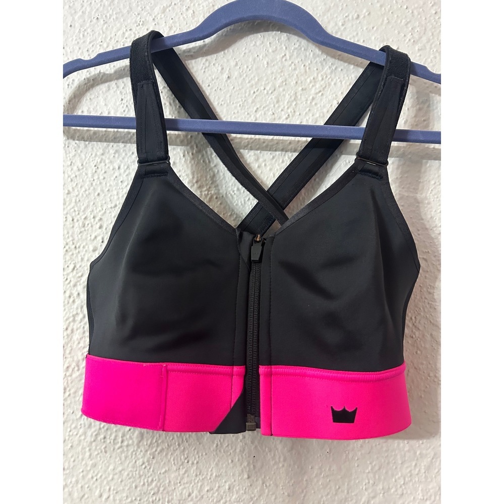 SHEFIT Ultimate Sports Bra Medium Black Neon Pink High Impact Front Zip Adjust